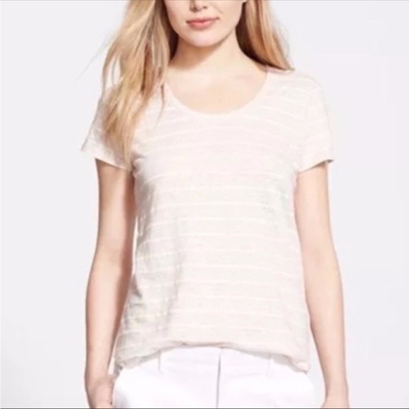Vince Short Sleeve Scoop Neck Stripe Linen Tee - Picture 2 of 12
